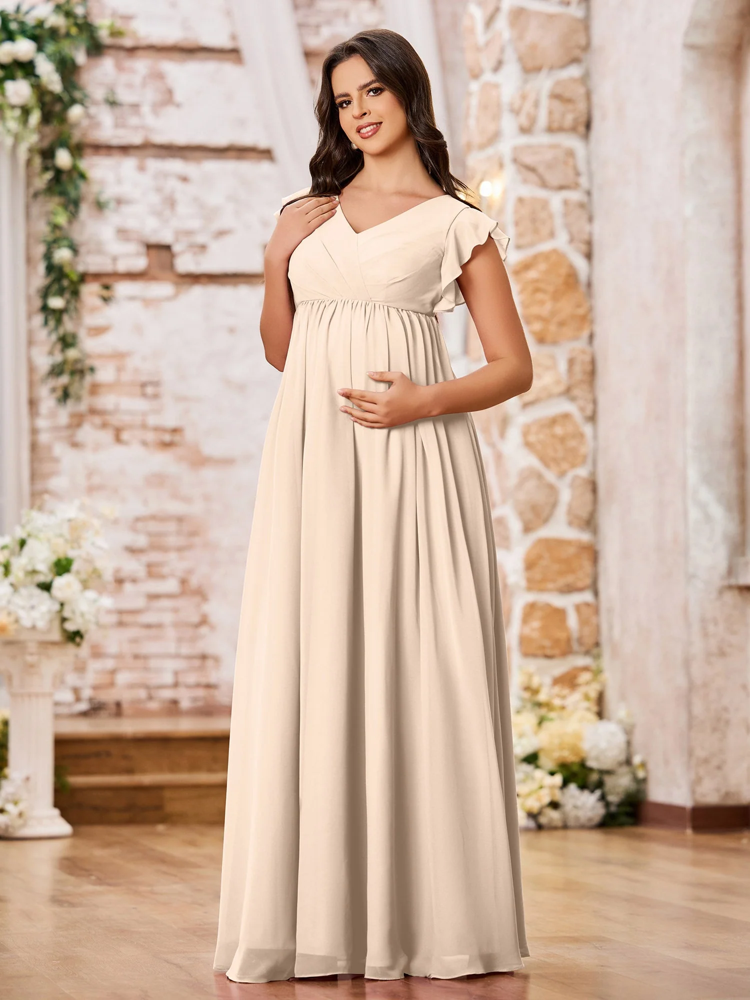 A-line Chiffon Maxi Dresses with Flutter Sleeves Peach - Image 3