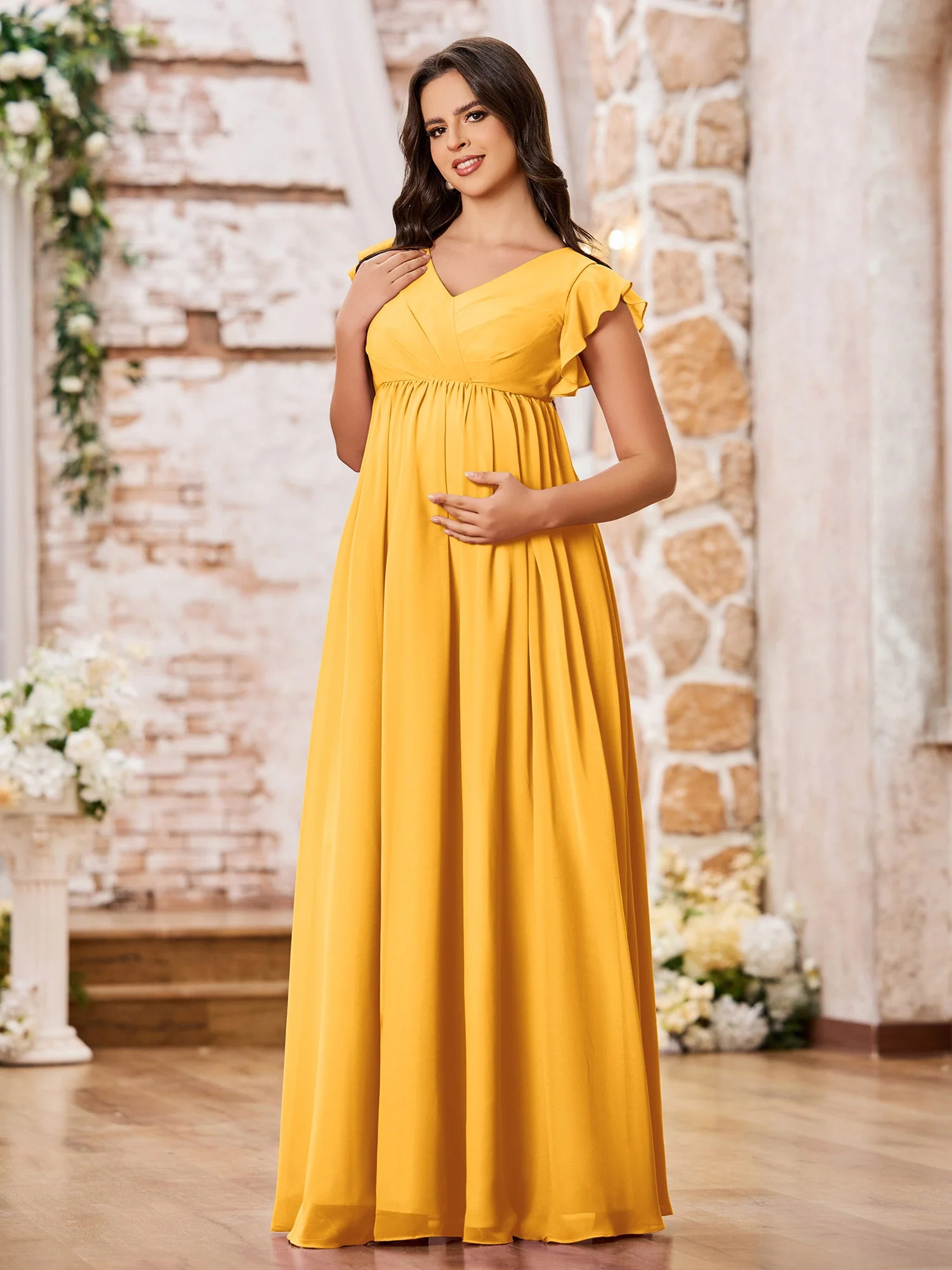 A-line Chiffon Maxi Dresses with Flutter Sleeves Tangerine - Image 3