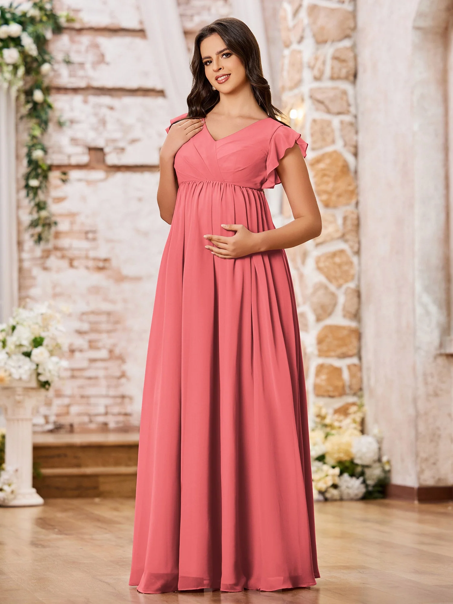 A-line Chiffon Maxi Dresses with Flutter Sleeves Watermelon - Image 3