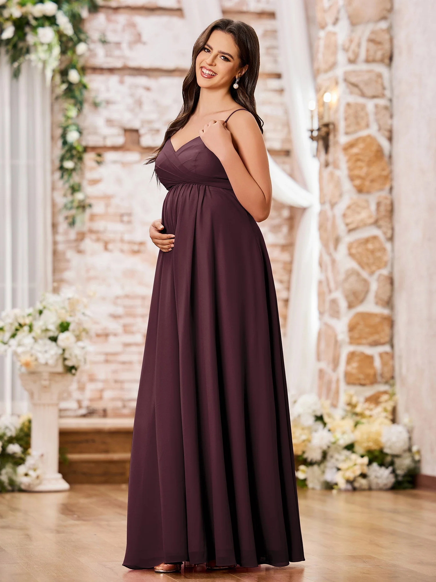 A-line Empire Chiffon Dresses with Spaghetti Straps Cabernet - Image 3