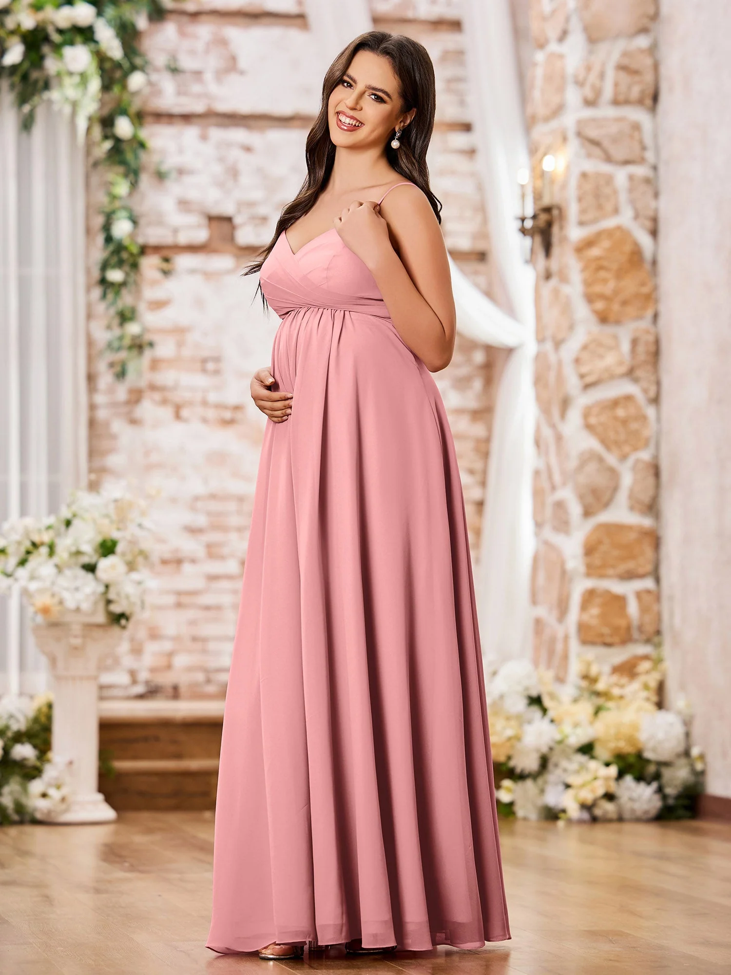 A-line Empire Chiffon Dresses with Spaghetti Straps Flamingo - Image 3