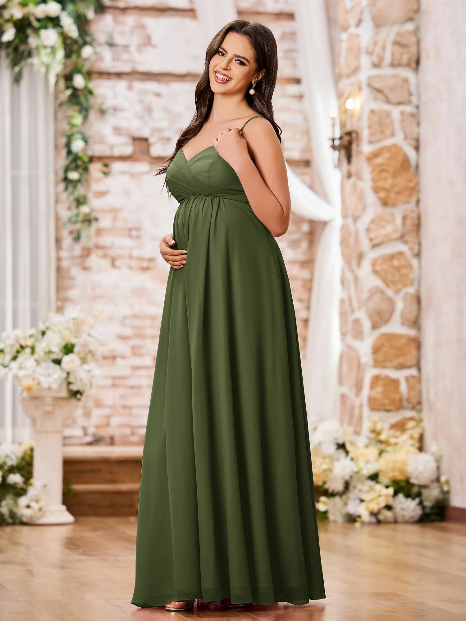 A-line Empire Chiffon Dresses with Spaghetti Straps Olive Green - Image 3