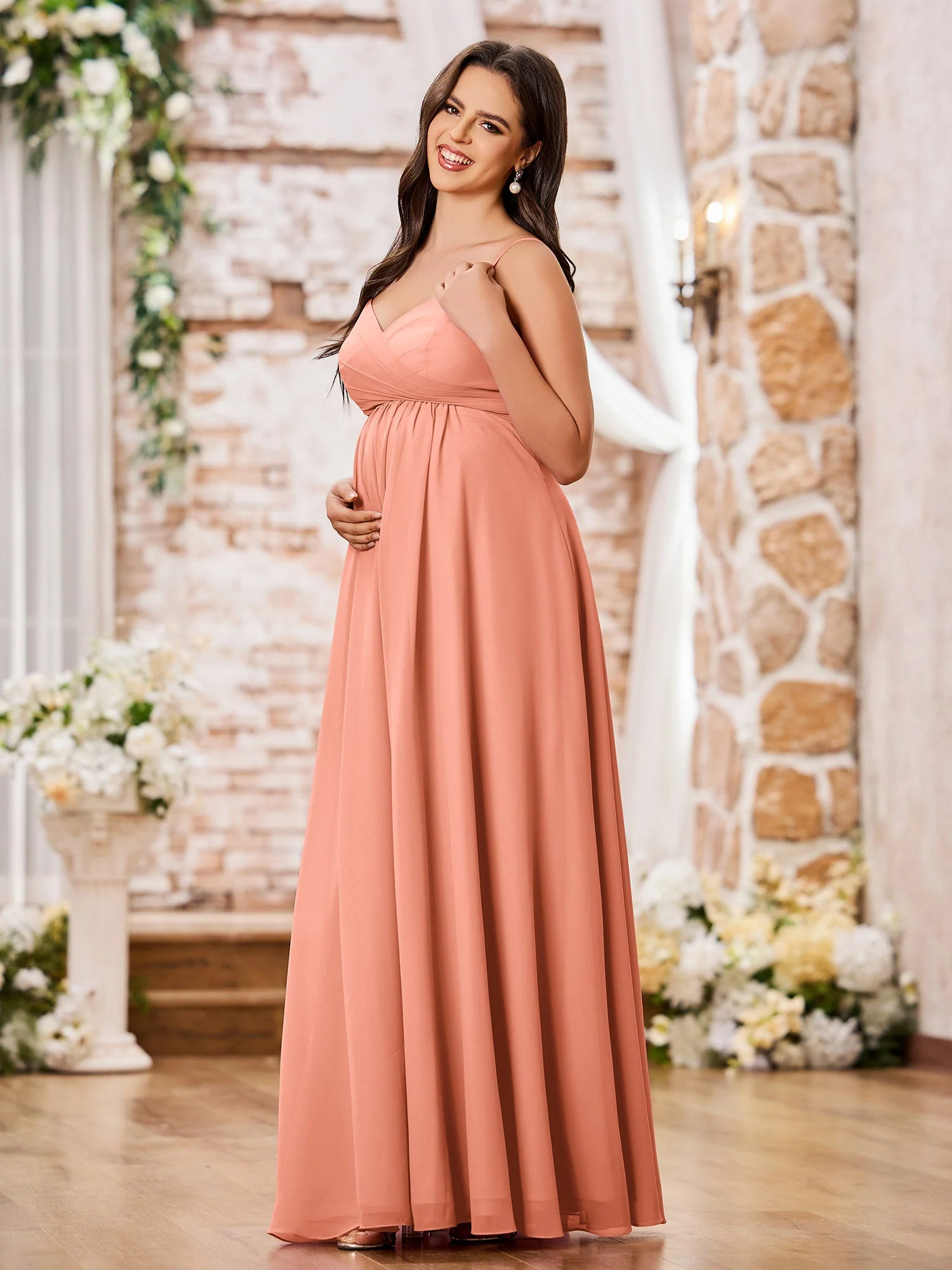 A-line Empire Chiffon Dresses with Spaghetti Straps Papaya - Image 3