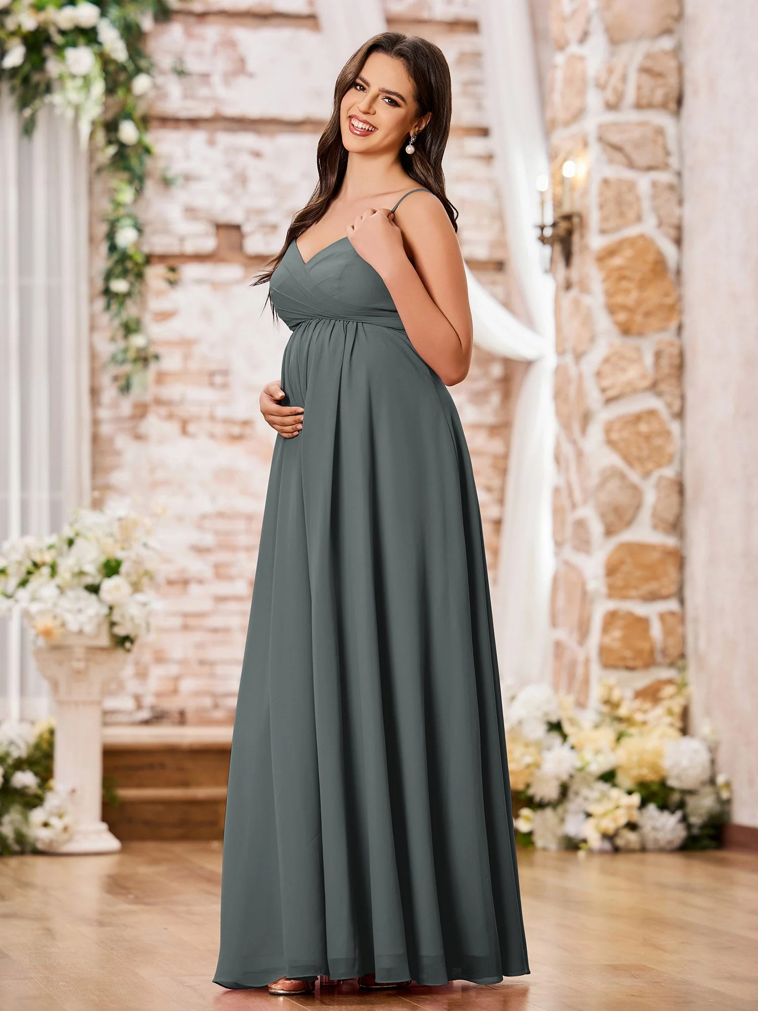 A-line Empire Chiffon Dresses with Spaghetti Straps Steel Grey - Image 3