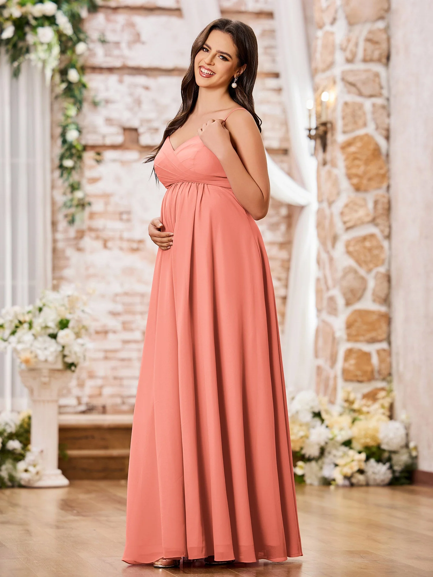 A-line Empire Chiffon Dresses with Spaghetti Straps Sunset - Image 3