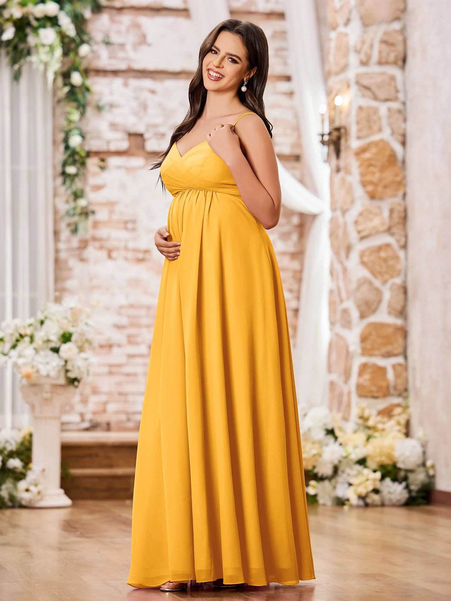 A-line Empire Chiffon Dresses with Spaghetti Straps Tangerine - Image 3