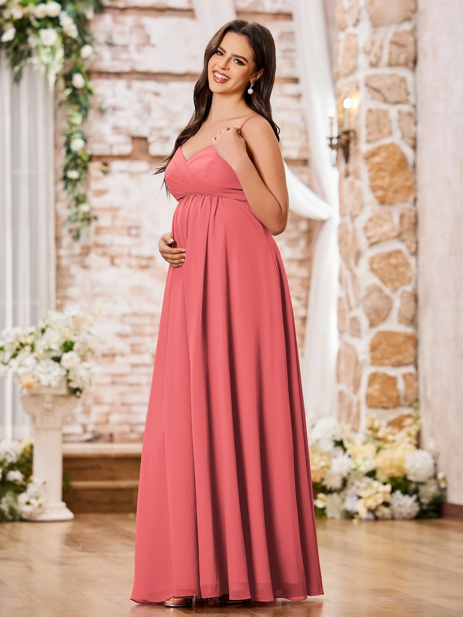 A-line Empire Chiffon Dresses with Spaghetti Straps Watermelon - Image 3
