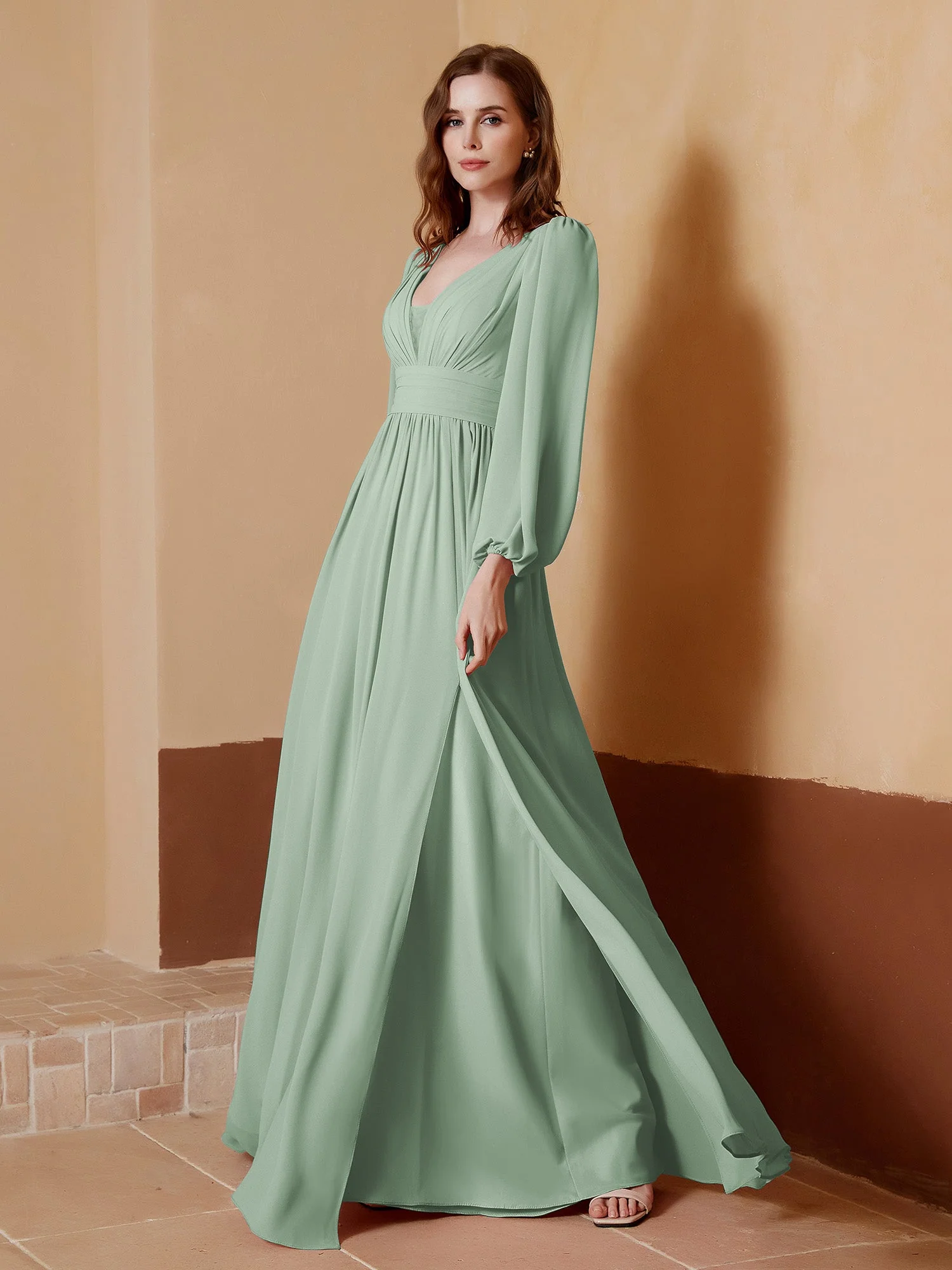 A-Line Pleated Chiffon Dress with Long Sleeves Agave - Image 3