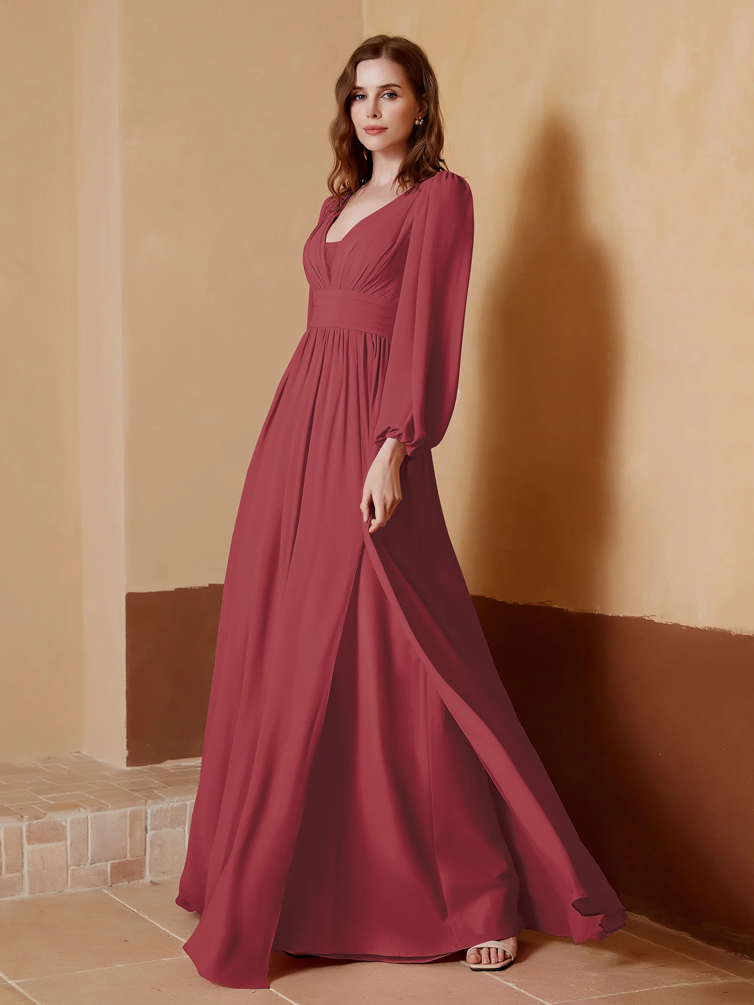A-Line Pleated Chiffon Dress with Long Sleeves Cinnamon Rose - Image 3