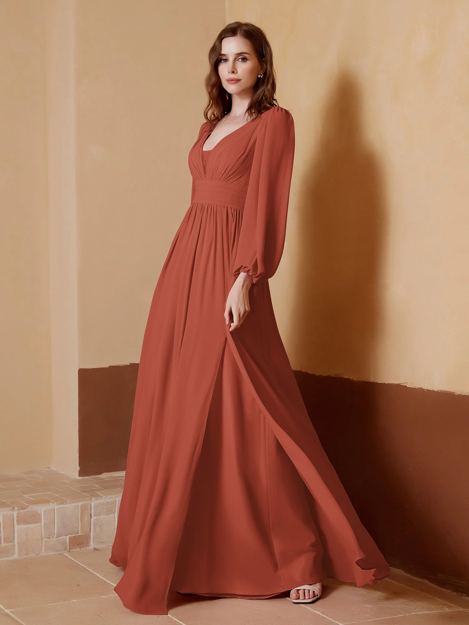 A-Line Pleated Chiffon Dress with Long Sleeves Clearance - Image 3