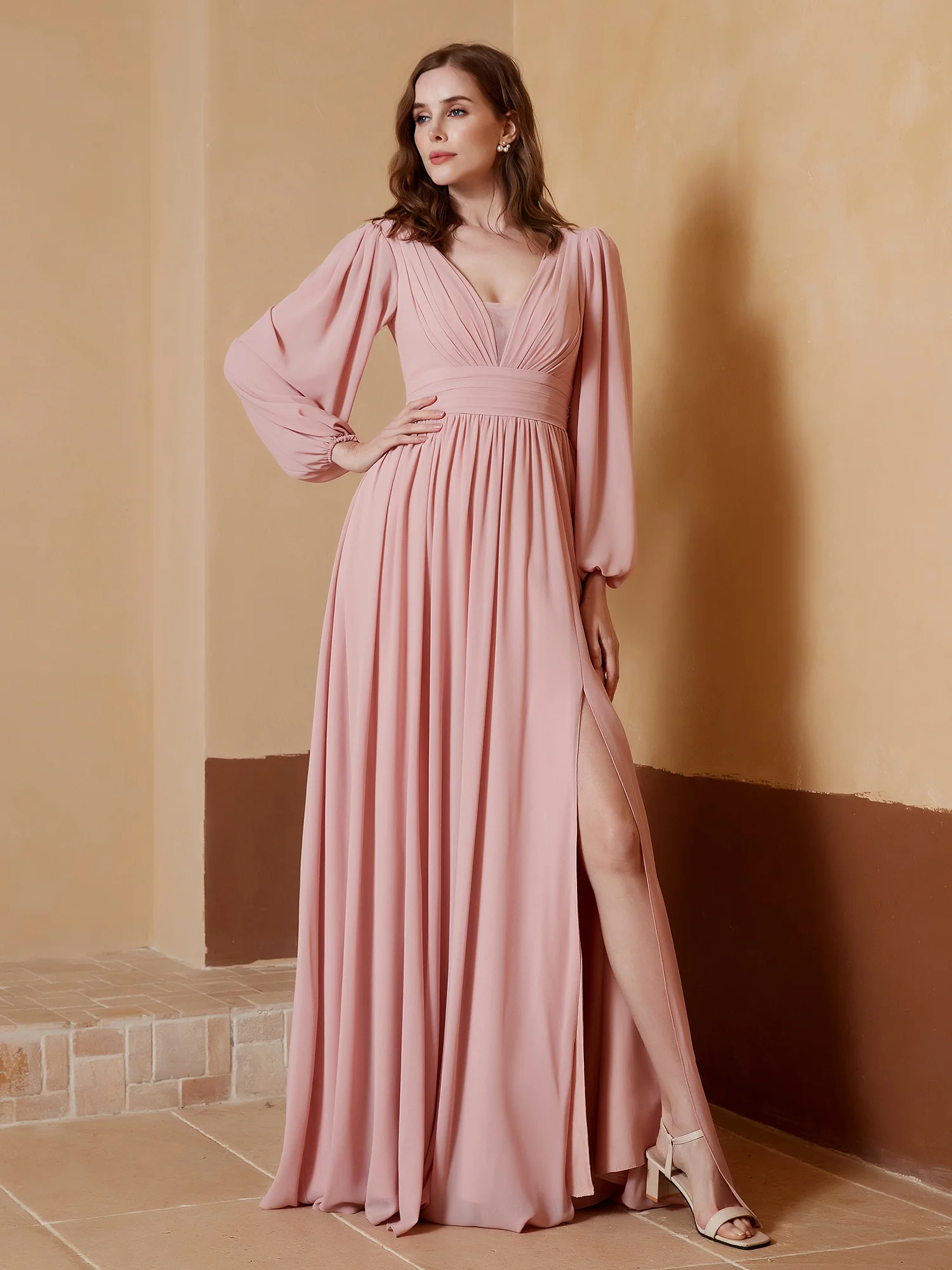 A-Line Pleated Chiffon Dress with Long Sleeves Clearance - Image 4