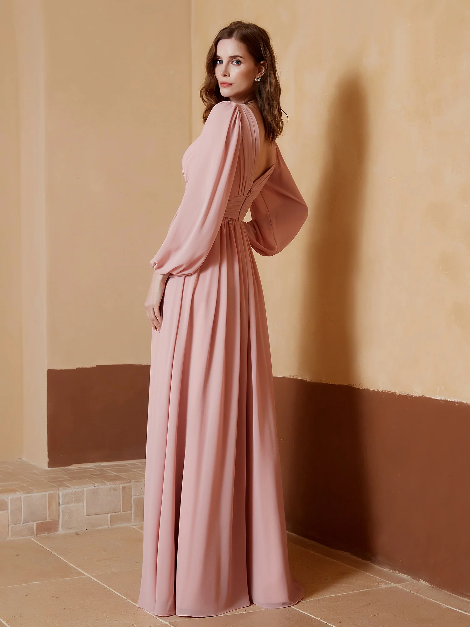 A-Line Pleated Chiffon Dress with Long Sleeves Clearance - Image 5