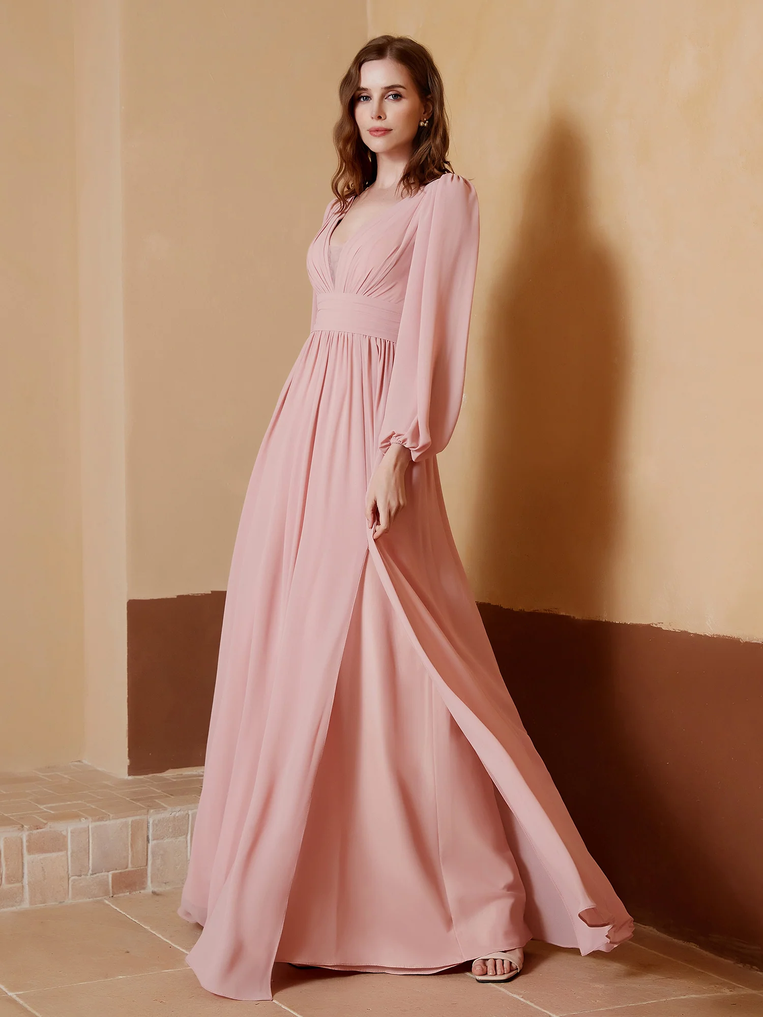 A-Line Pleated Chiffon Dress with Long Sleeves Clearance - Image 6
