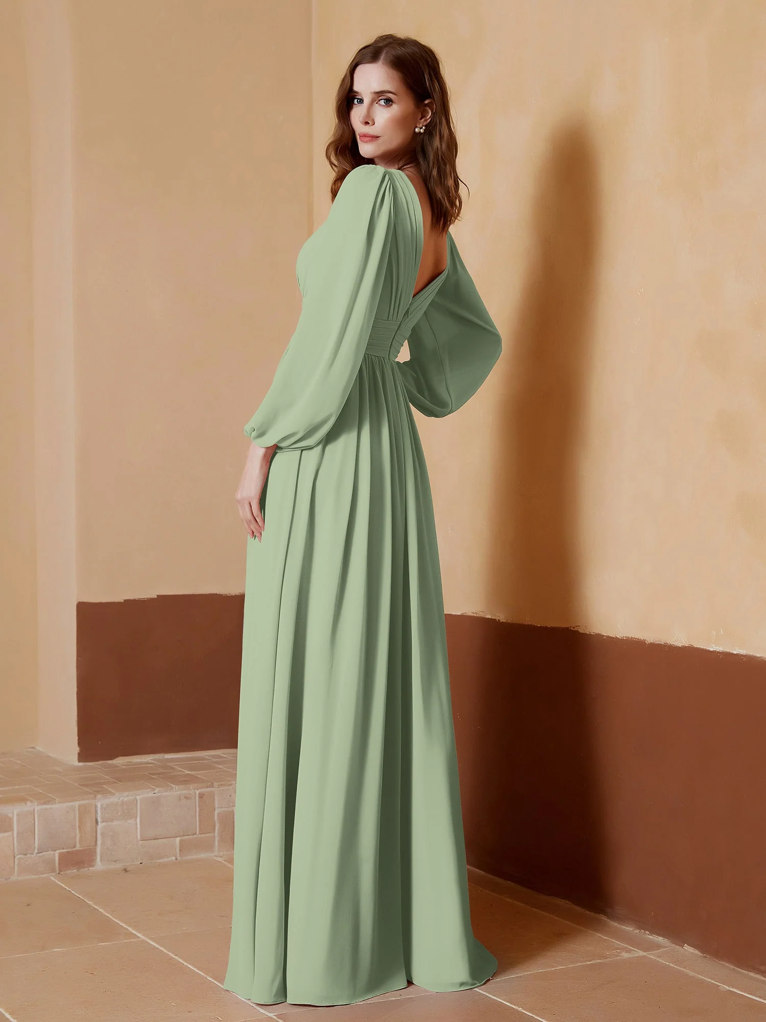 A-Line Pleated Chiffon Dress with Long Sleeves Clearance - Image 8