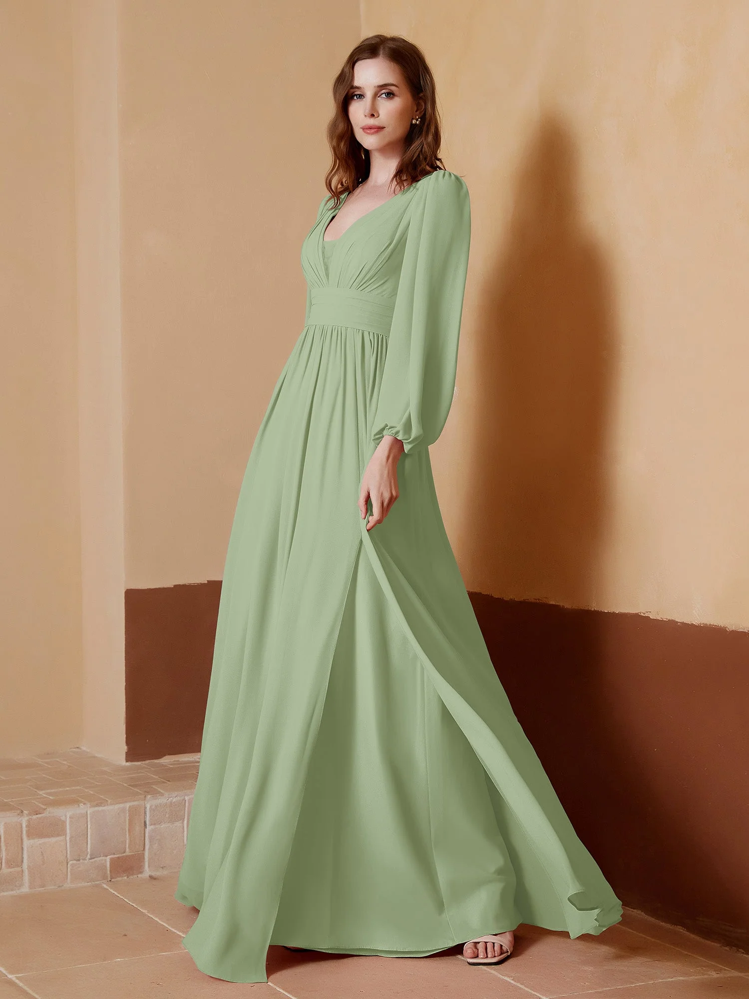 A-Line Pleated Chiffon Dress with Long Sleeves Clearance - Image 9