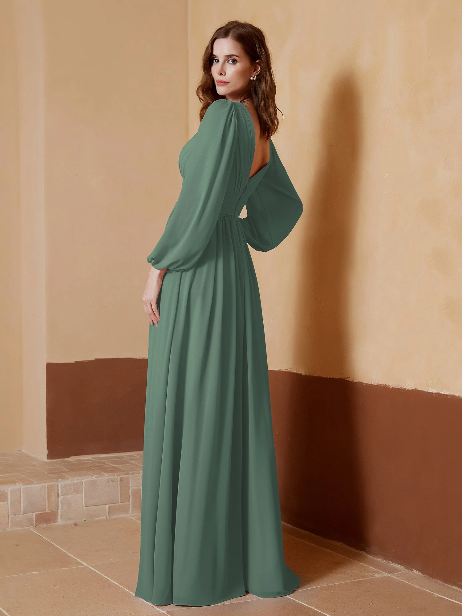 A-Line Pleated Chiffon Dress with Long Sleeves Eucalyptus - Image 3