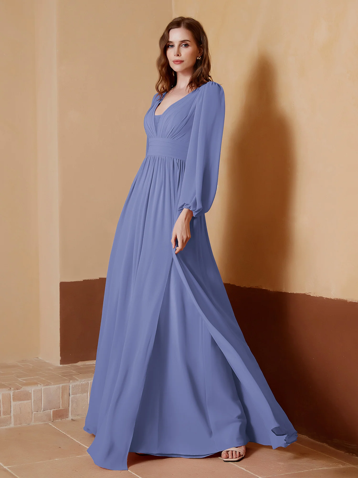 A-Line Pleated Chiffon Dress with Long Sleeves Periwinkle - Image 3