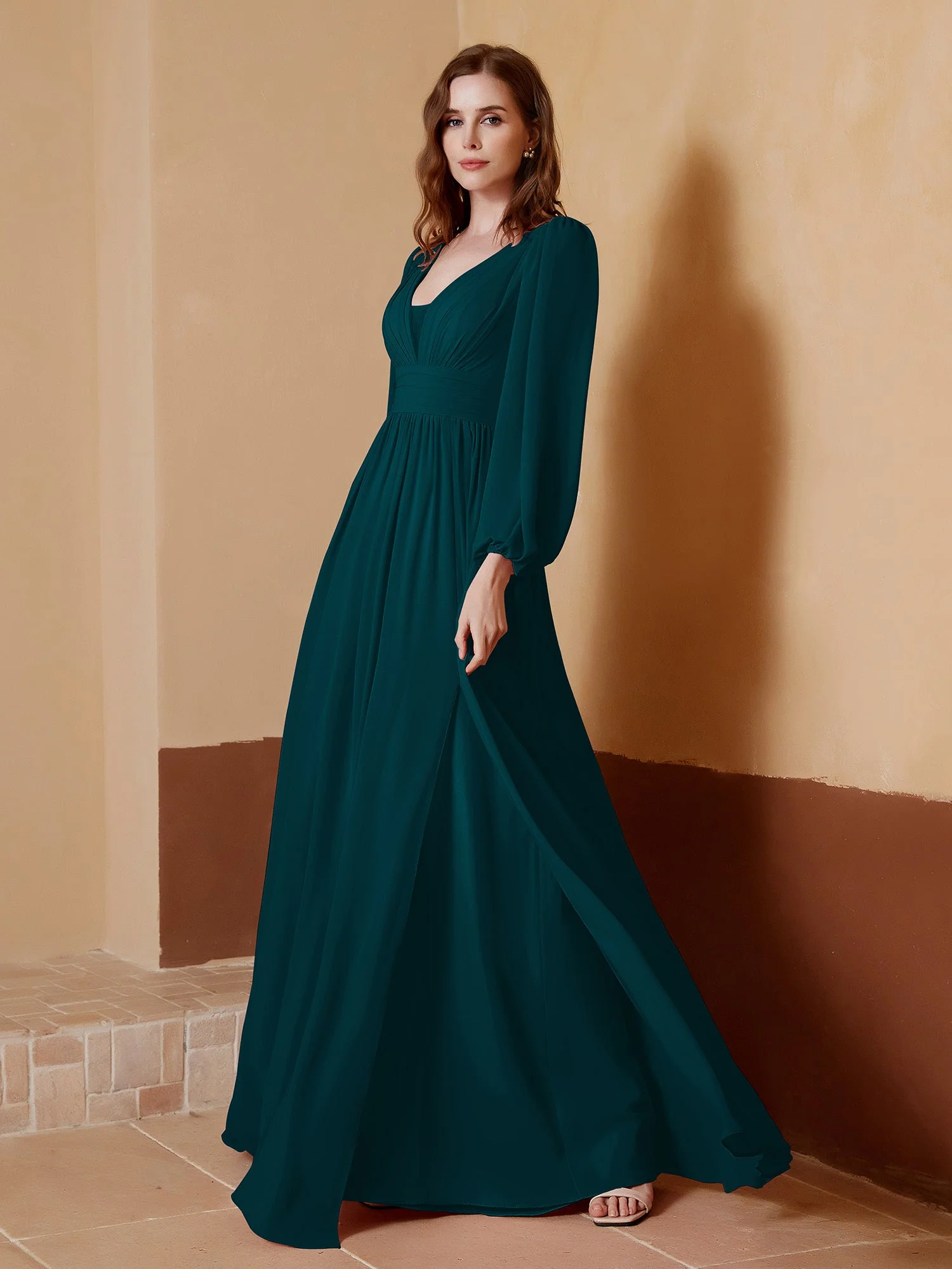 A-Line Pleated Chiffon Dress with Long Sleeves Pine - Image 3