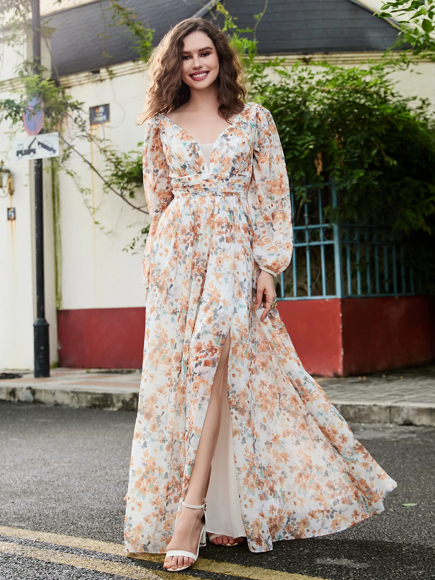A-Line Pleated Chiffon Dress with Long Sleeves Sunset Floral - Image 4