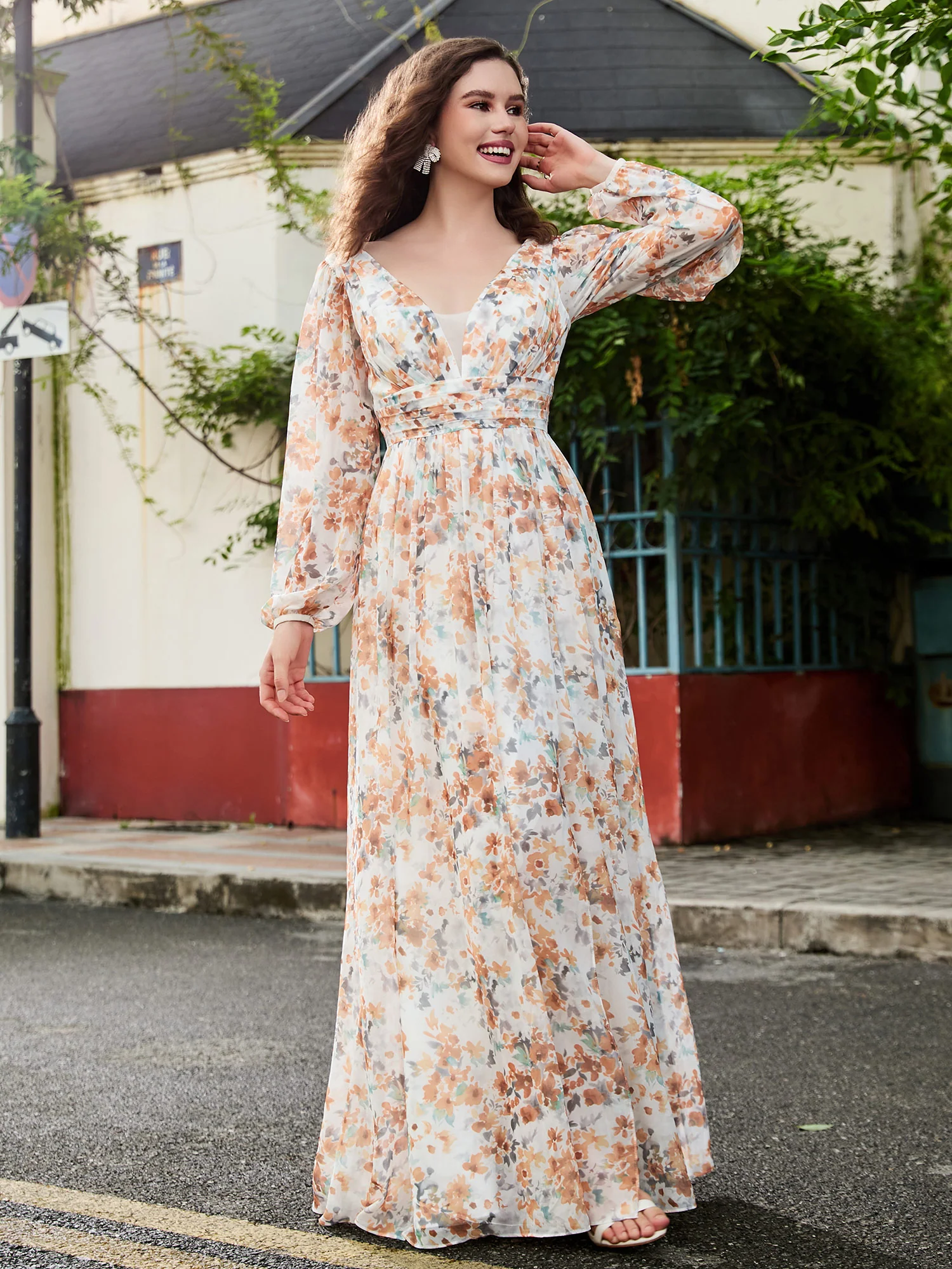 A-Line Pleated Chiffon Dress with Long Sleeves Sunset Floral - Image 5