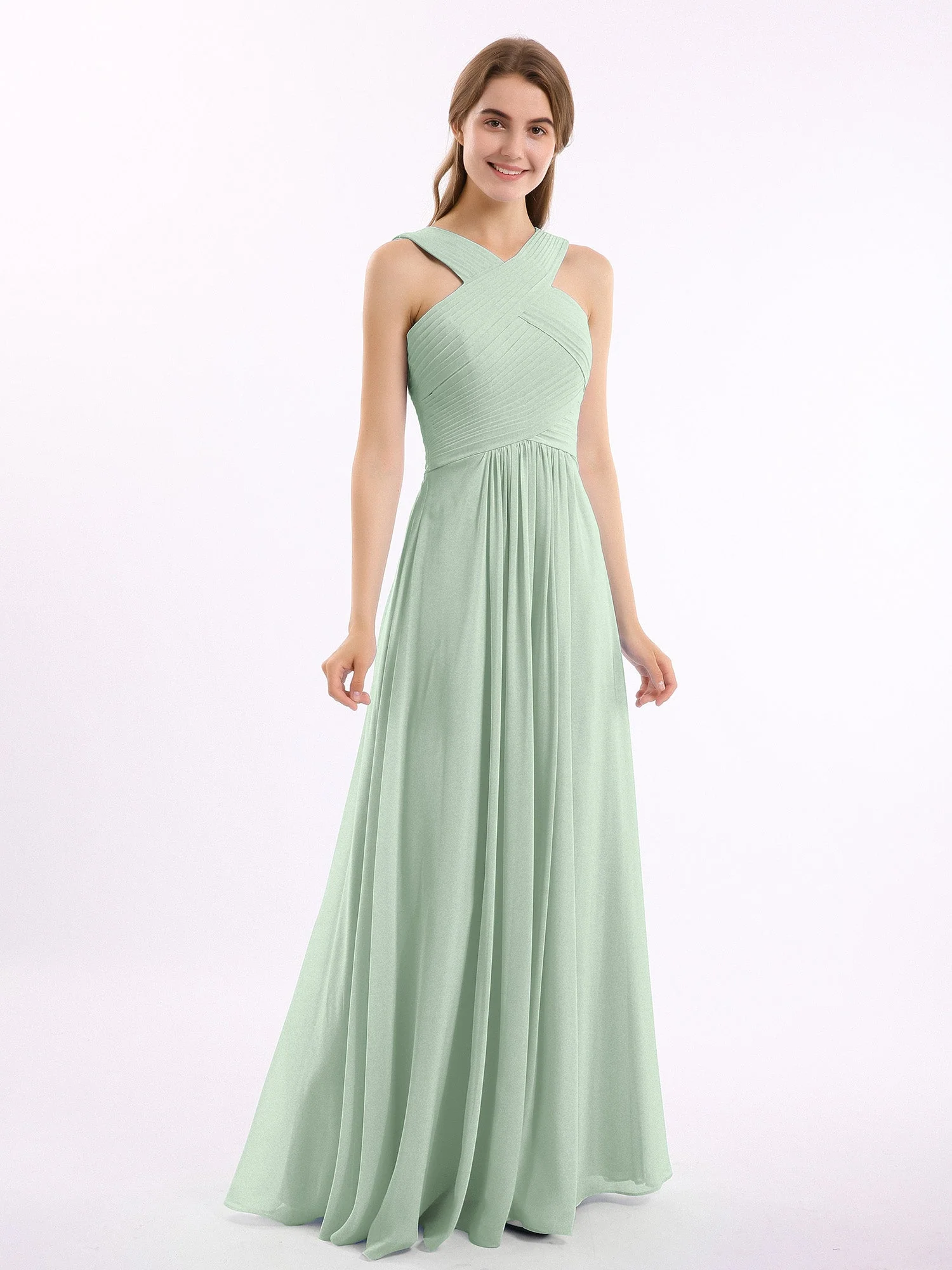 Cross Shoulder Strap Chiffon Dress with Empire Waist Agave - Image 3