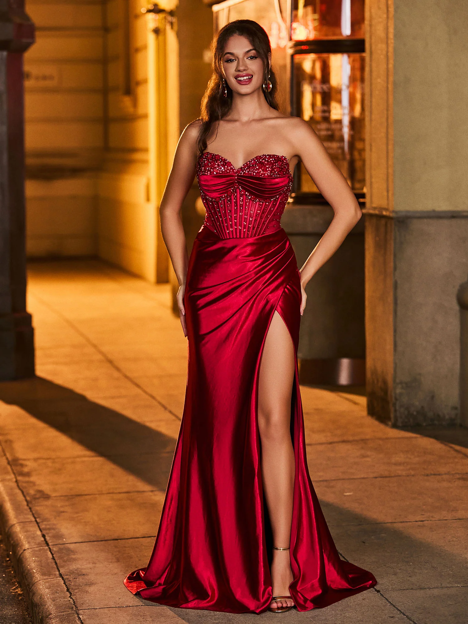 Backless Strapless Sweetheart Beaded High Slit Maxi Dress Burgundy - Image 4