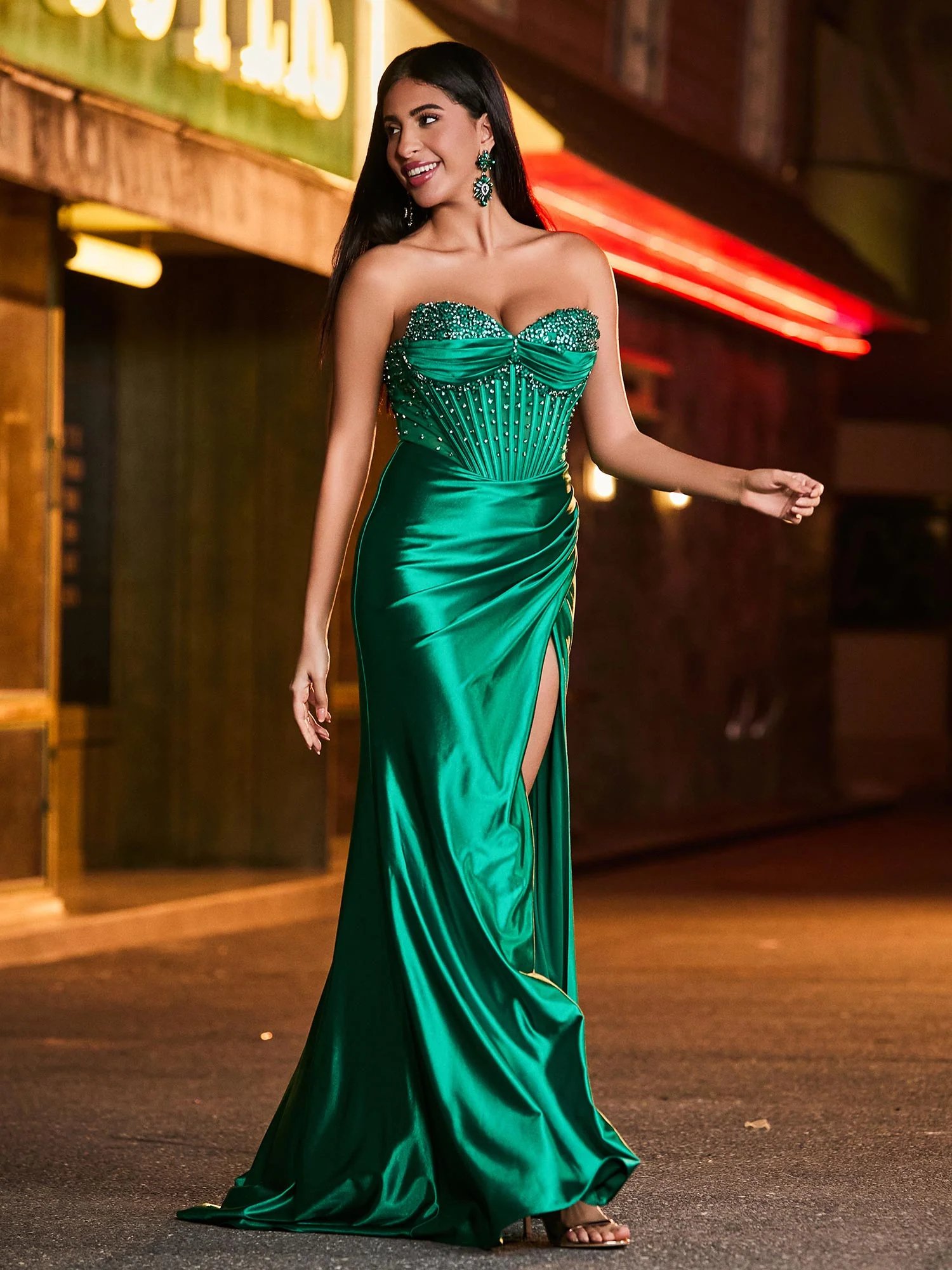 Backless Strapless Sweetheart Beaded High Slit Maxi Dress Dark Green - Image 5