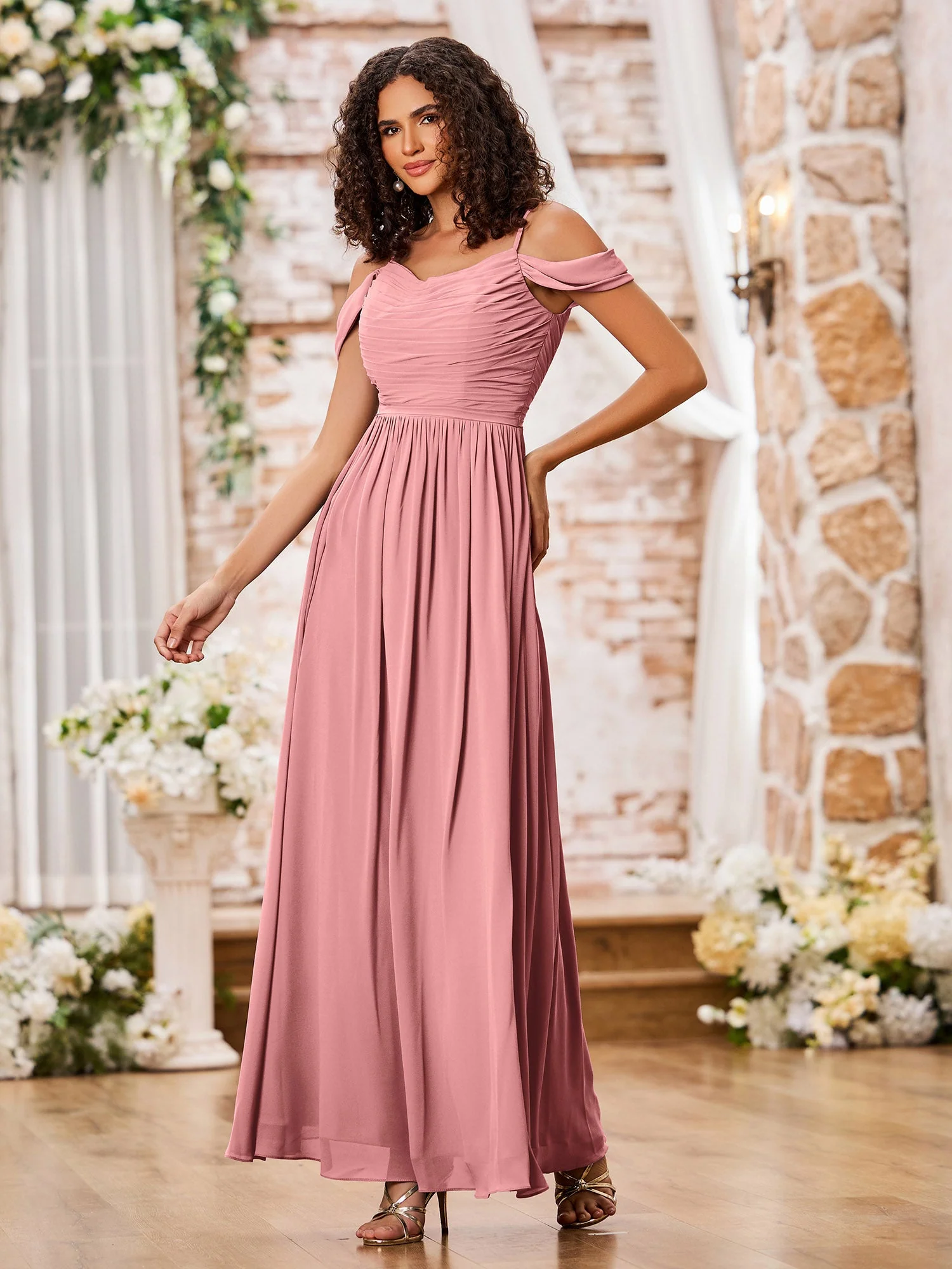 Chiffon Dresses with Scoop Neck and Spaghetti Straps Flamingo - Image 3
