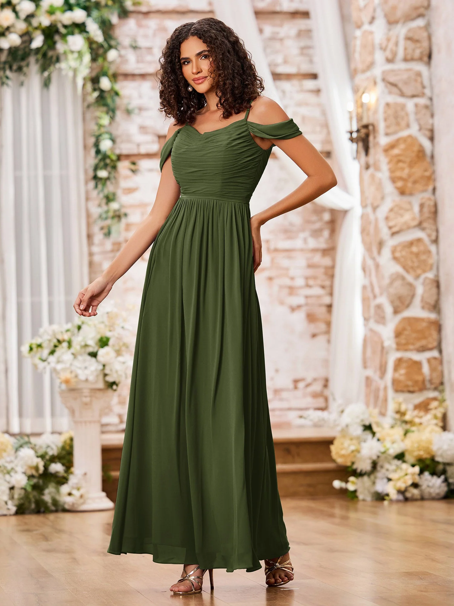 Chiffon Dresses with Scoop Neck and Spaghetti Straps Olive Green - Image 3