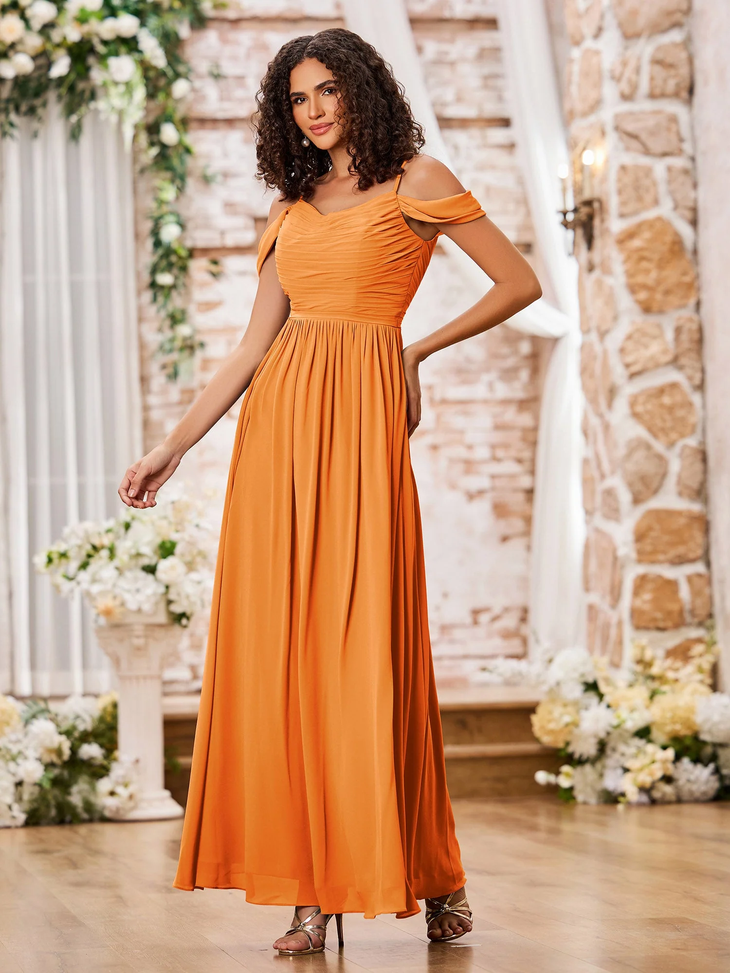 Chiffon Dresses with Scoop Neck and Spaghetti Straps Orange - Image 3