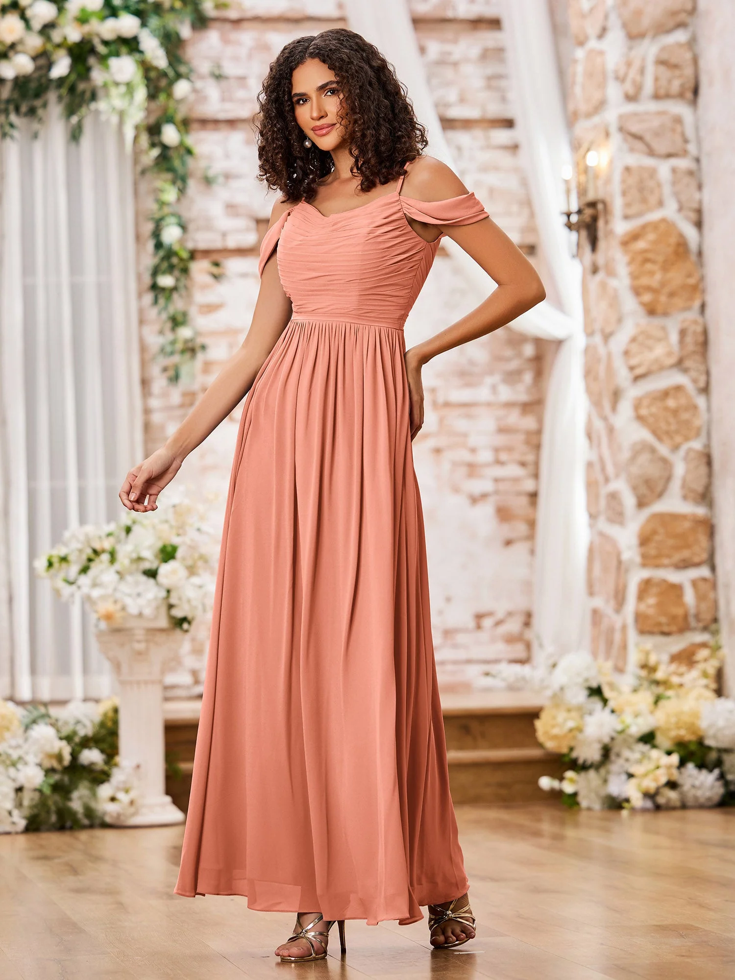 Chiffon Dresses with Scoop Neck and Spaghetti Straps Papaya - Image 3