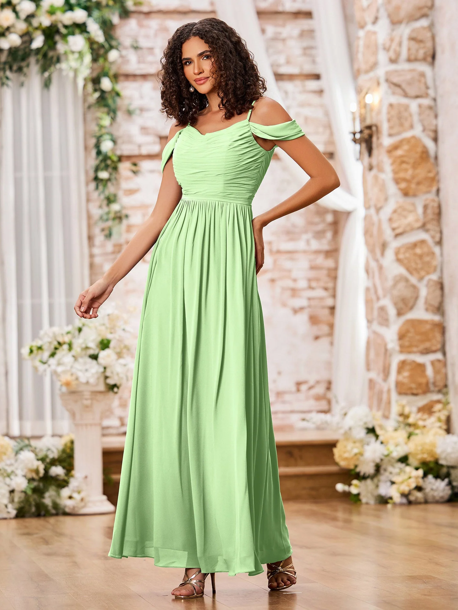 Chiffon Dresses with Scoop Neck and Spaghetti Straps Sage - Image 3