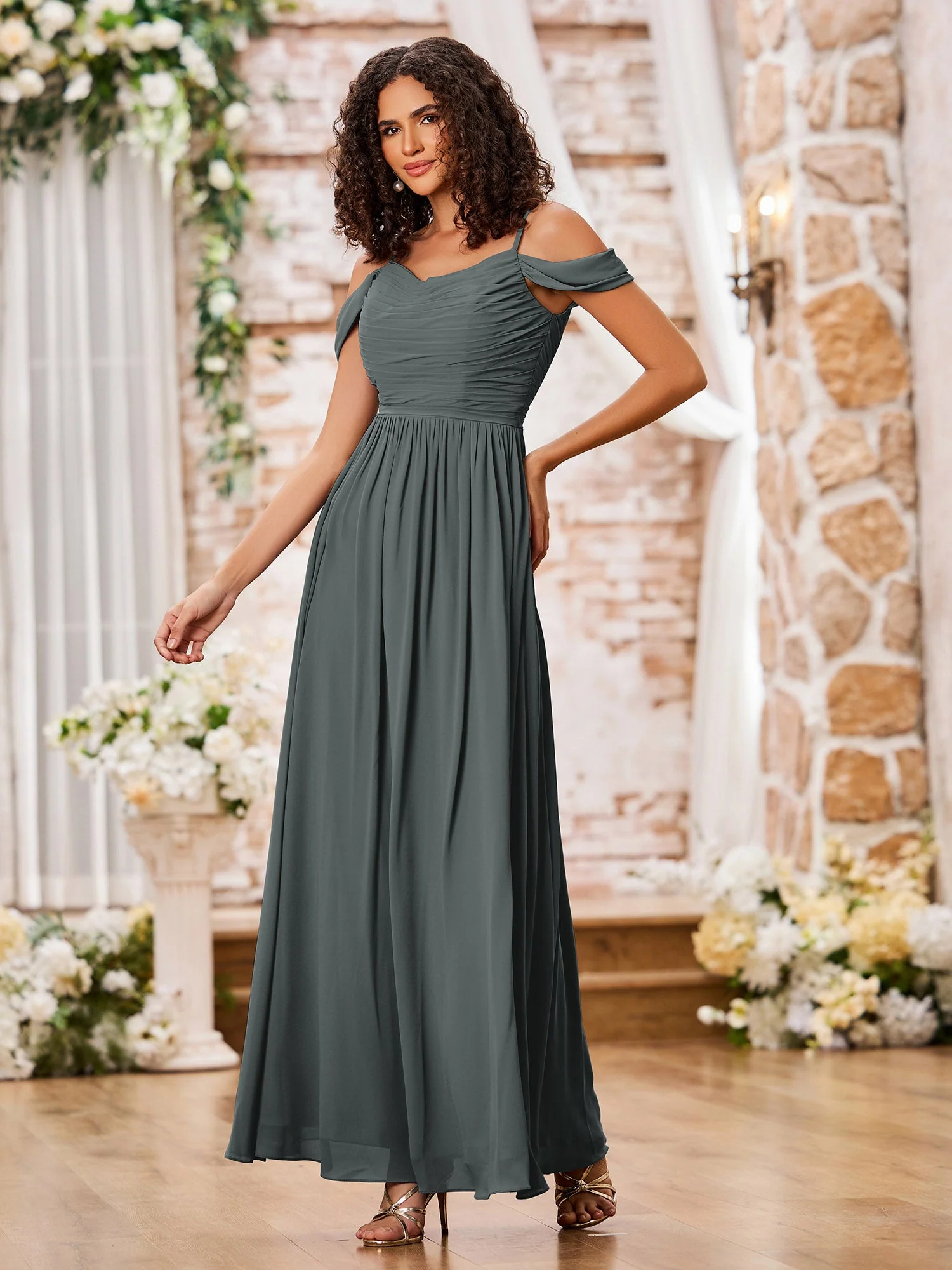 Chiffon Dresses with Scoop Neck and Spaghetti Straps Steel Grey - Image 3
