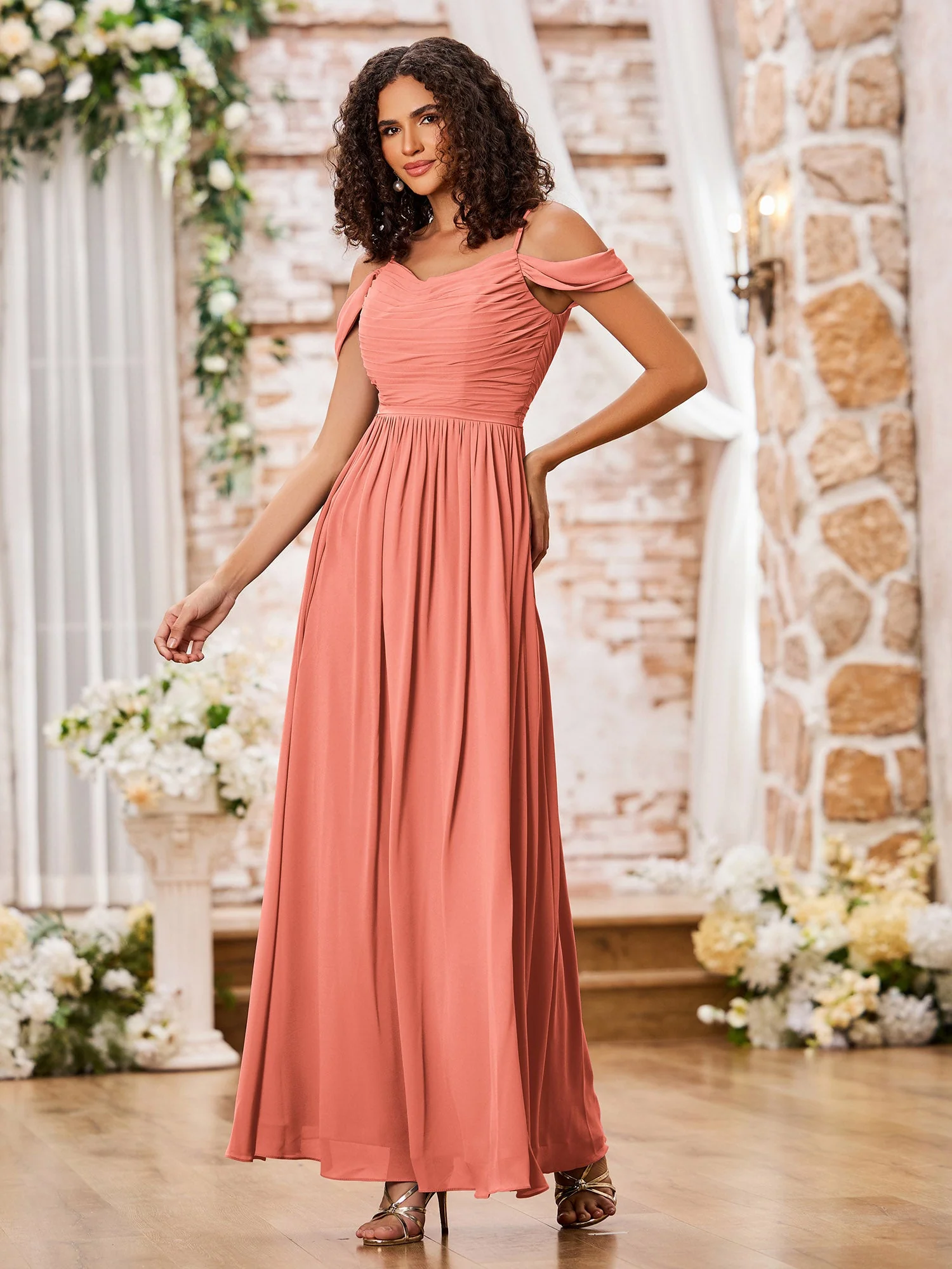 Chiffon Dresses with Scoop Neck and Spaghetti Straps Sunset - Image 3
