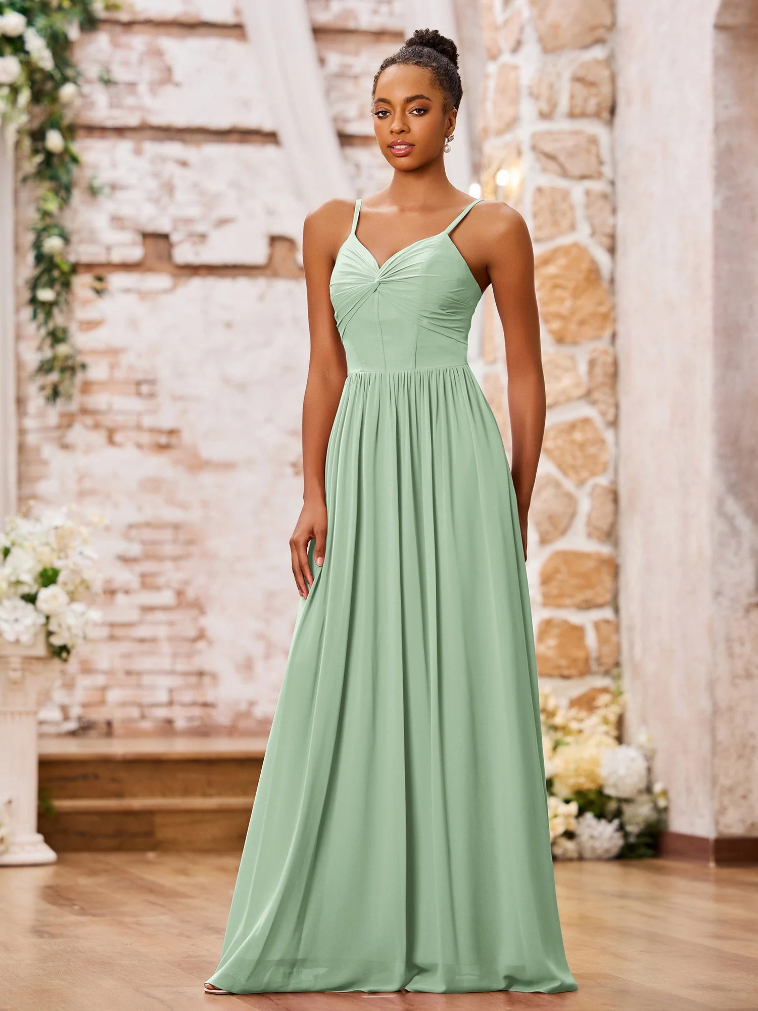 Chiffon Dresses with Spaghetti Straps and Pocket Dusty Sage - Image 3