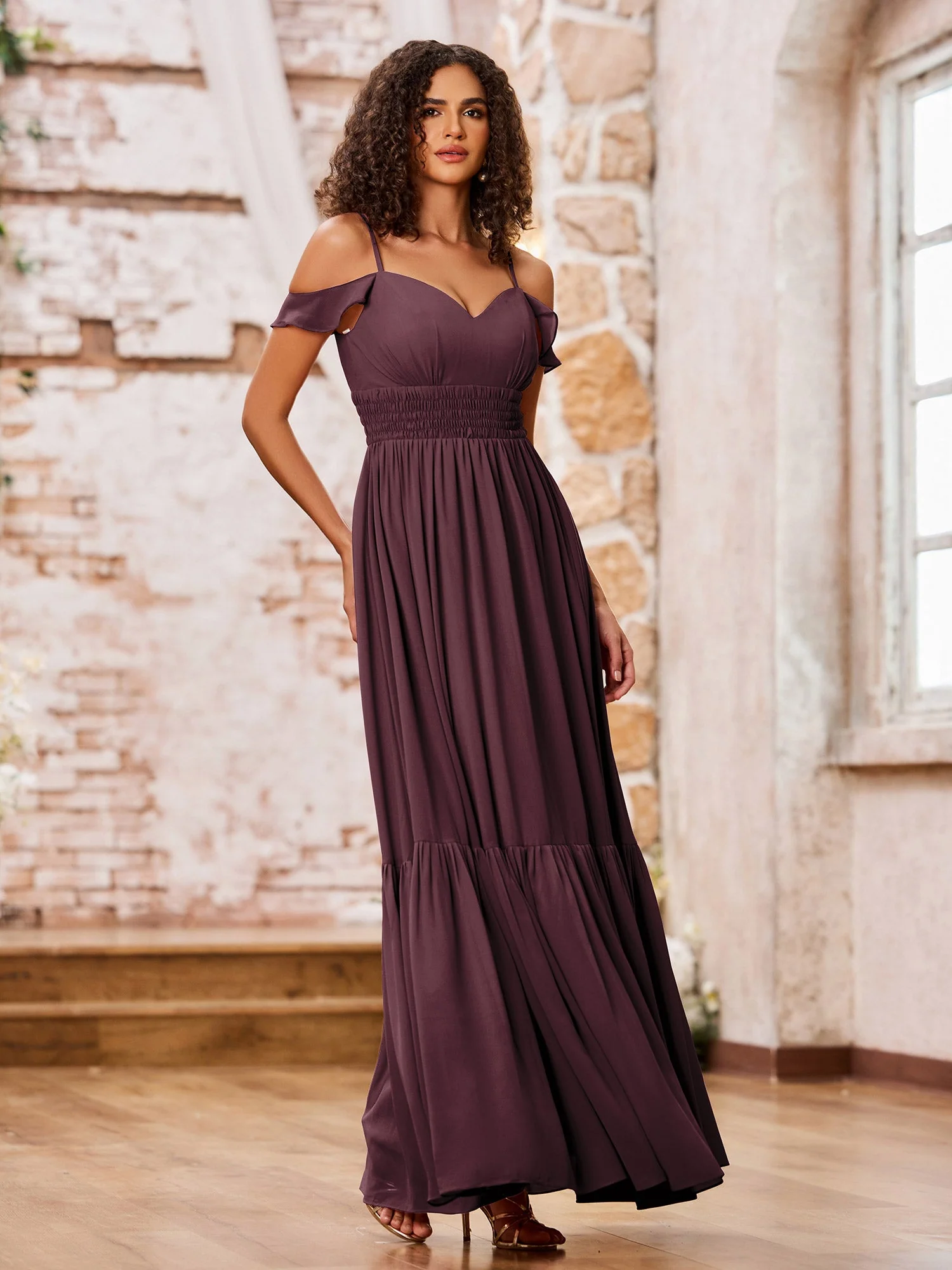 Chiffon Dresses with Tiered Skirt and Elastic Waist Cabernet - Image 3