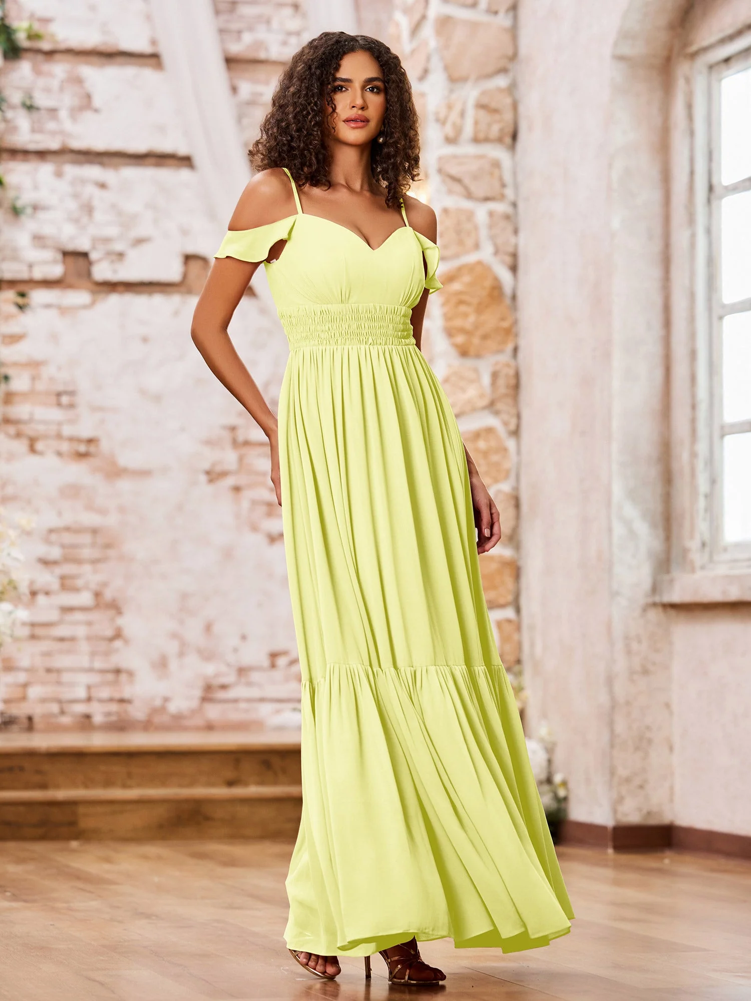 Chiffon Dresses with Tiered Skirt and Elastic Waist Daffodil - Image 3