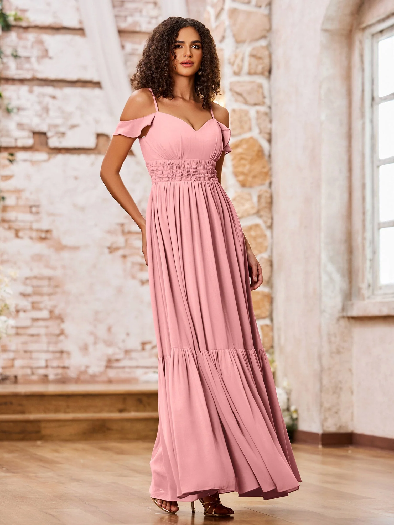 Chiffon Dresses with Tiered Skirt and Elastic Waist Flamingo - Image 3