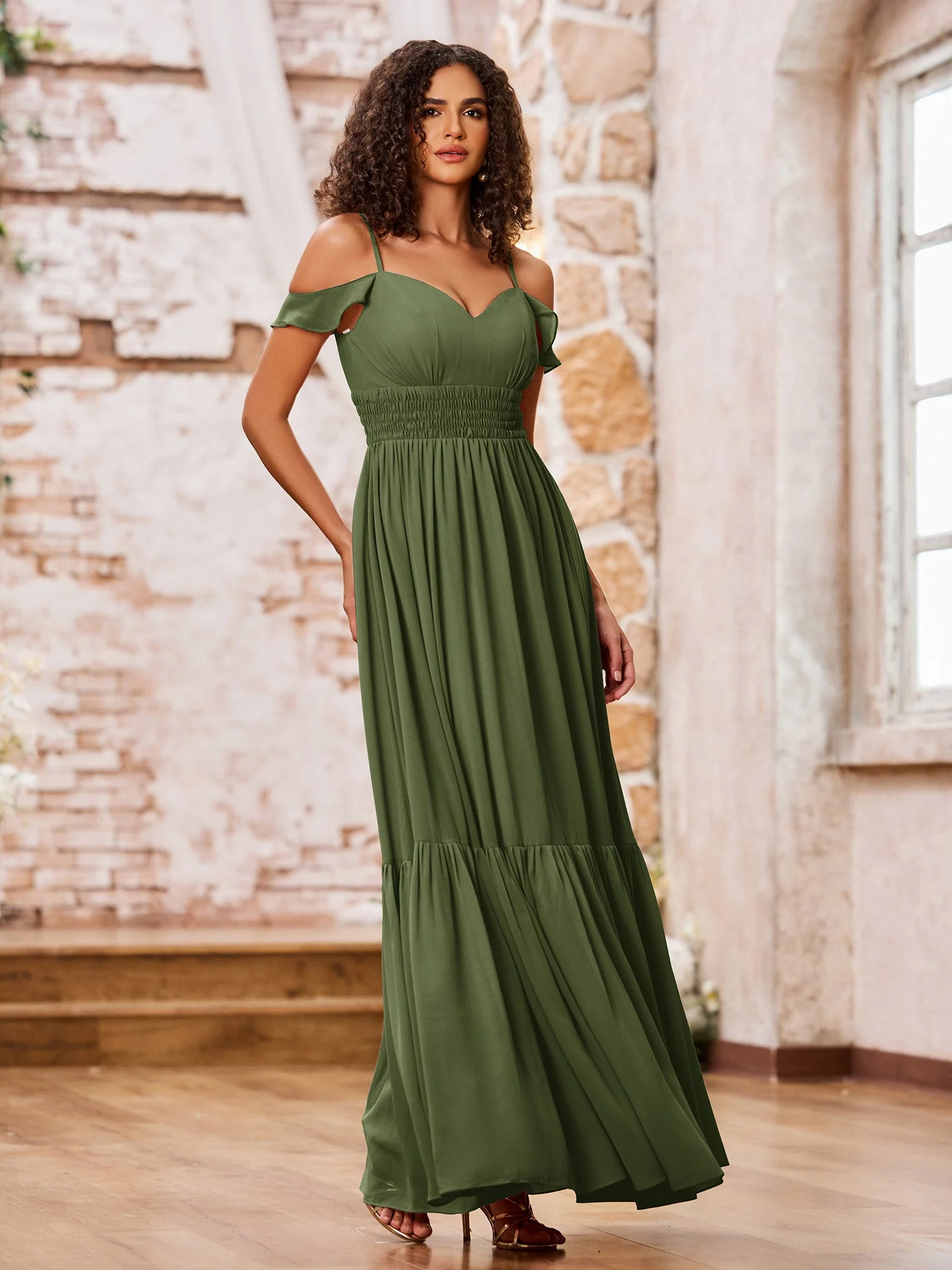 Chiffon Dresses with Tiered Skirt and Elastic Waist Olive Green - Image 3