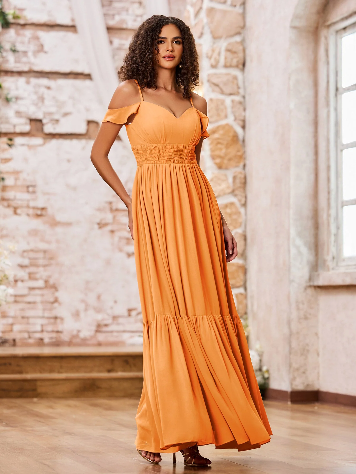 Chiffon Dresses with Tiered Skirt and Elastic Waist Orange - Image 3