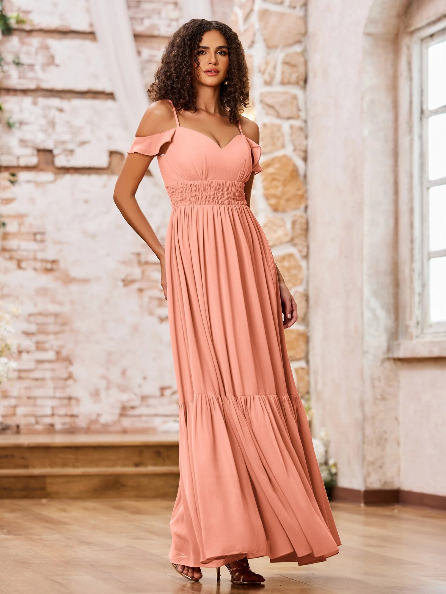 Chiffon Dresses with Tiered Skirt and Elastic Waist Papaya - Image 3