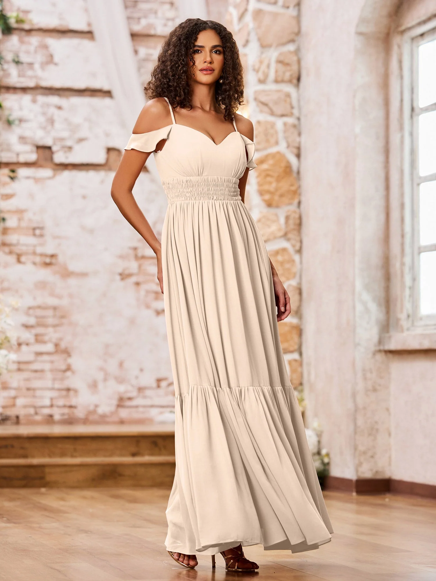 Chiffon Dresses with Tiered Skirt and Elastic Waist Peach - Image 3