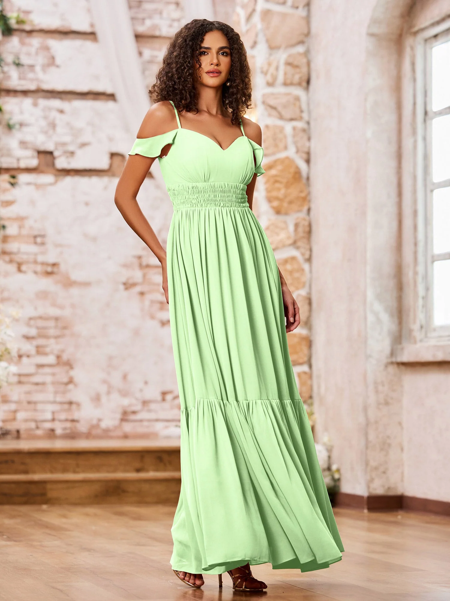 Chiffon Dresses with Tiered Skirt and Elastic Waist Sage - Image 3