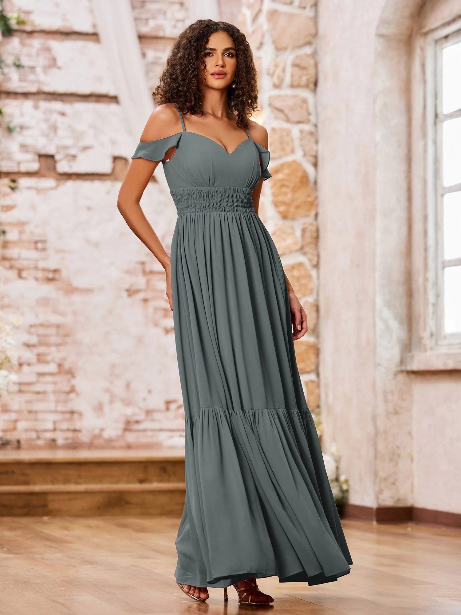 Chiffon Dresses with Tiered Skirt and Elastic Waist Steel Grey - Image 3