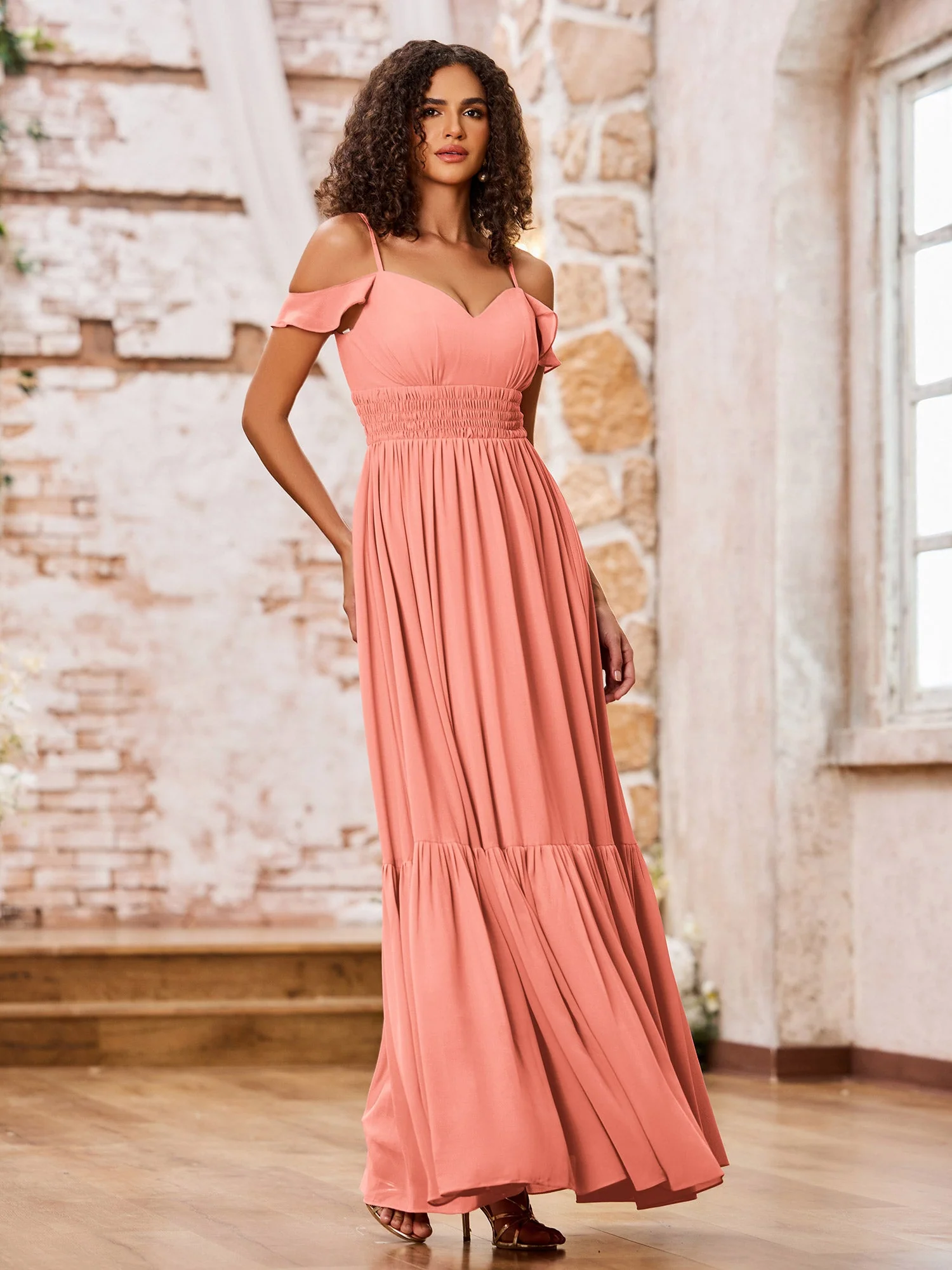 Chiffon Dresses with Tiered Skirt and Elastic Waist Sunset - Image 3