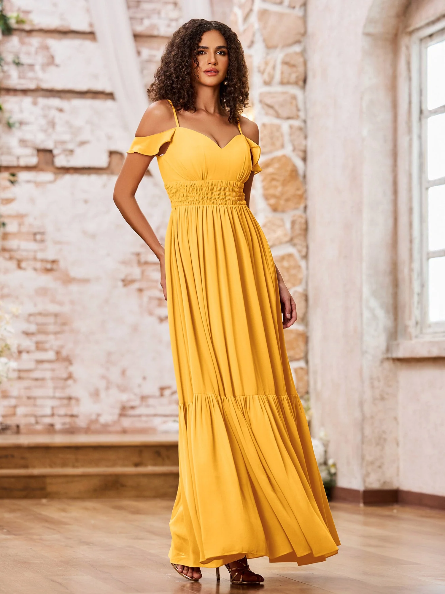 Chiffon Dresses with Tiered Skirt and Elastic Waist Tangerine - Image 3