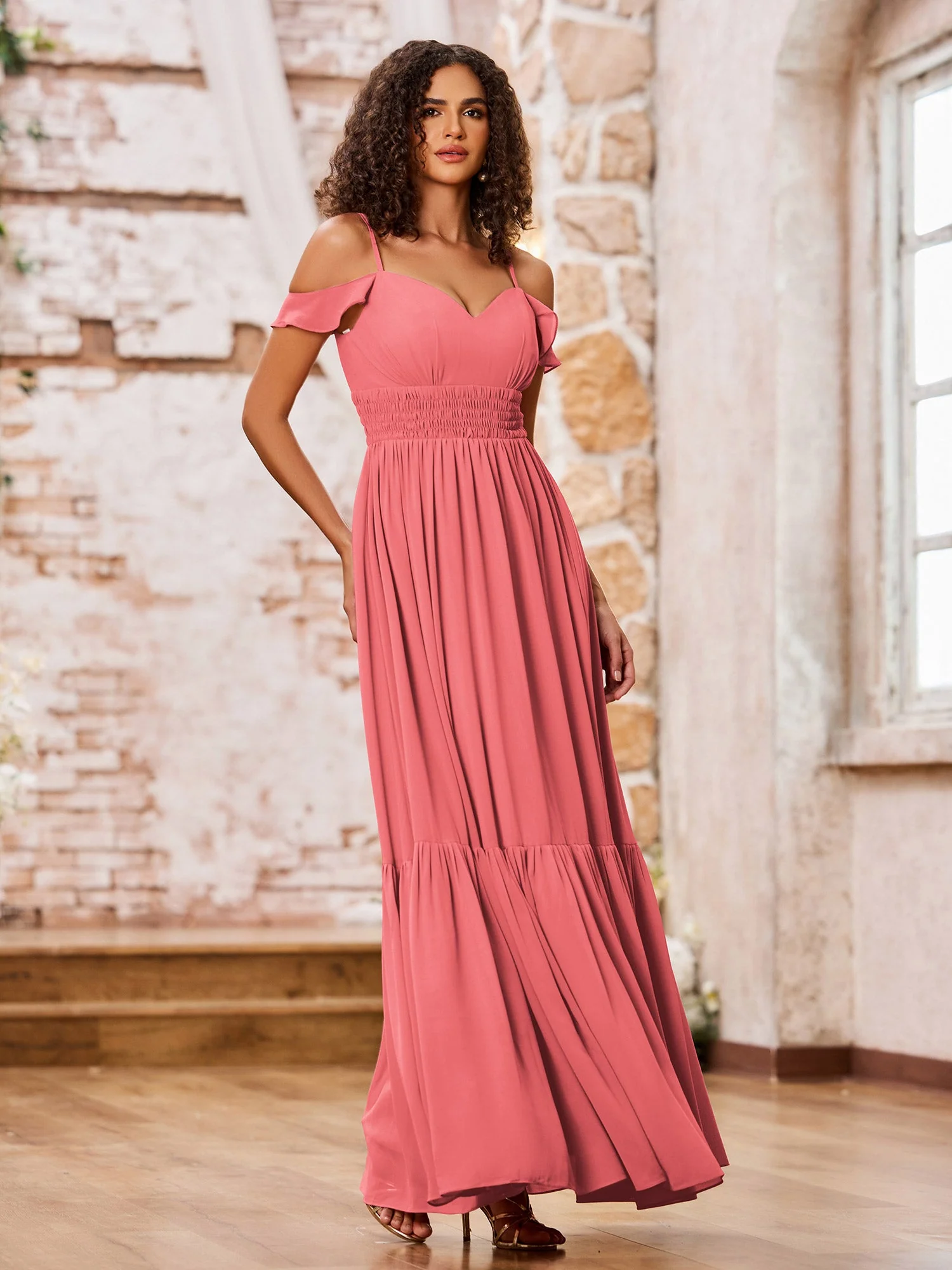 Chiffon Dresses with Tiered Skirt and Elastic Waist Watermelon - Image 3