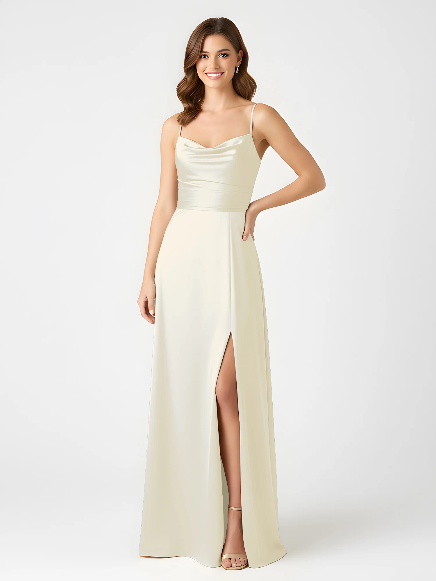 Satin Spaghetti Strap Gown with Cowl Neck and Side Slit Ivory - Image 3