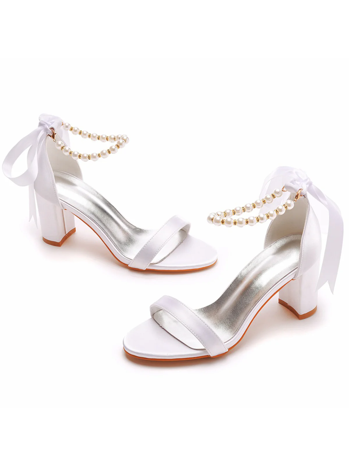 Elegant Pearl Ribbon Tie Open Toe Ankle Strap Block High Heels - Image 14