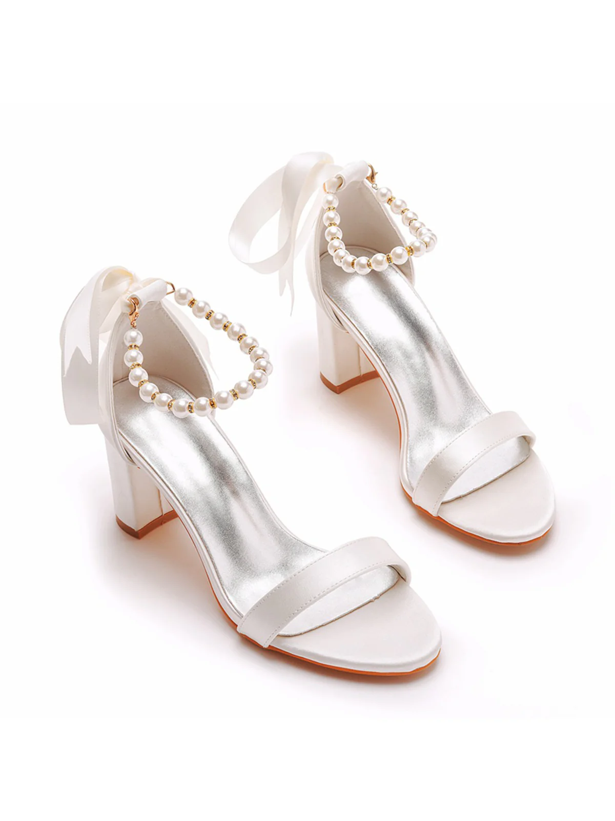 Elegant Pearl Ribbon Tie Open Toe Ankle Strap Block High Heels - Image 22
